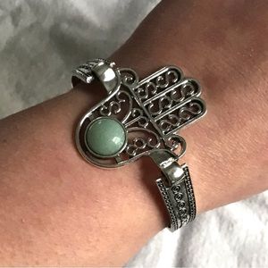 Green Aventurine Hamsa Bracelet in Silver Tone